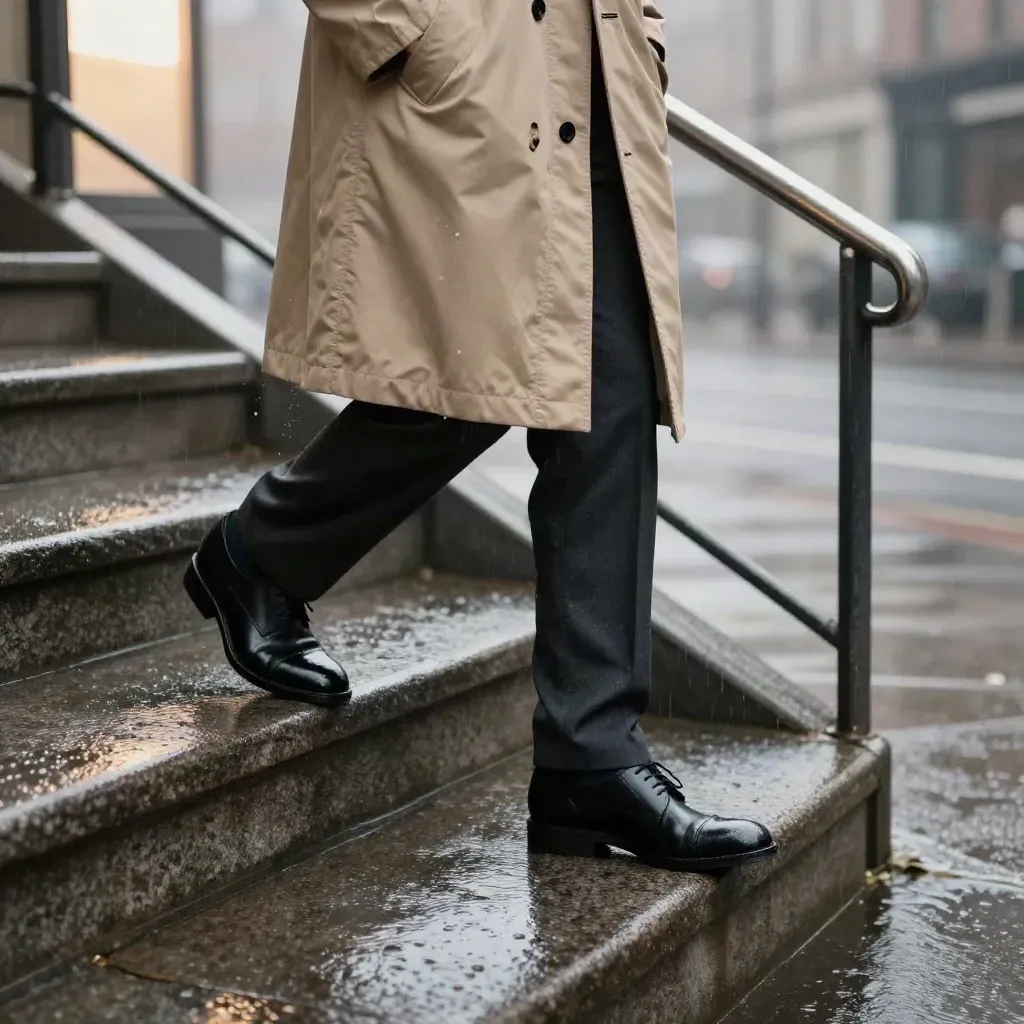 Rain-soaked stoop with sand raincoat, dark trousers and black shoes on a diagonal stairway.