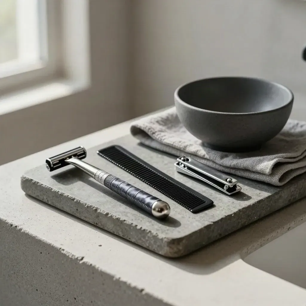 Razor, comb, clippers, and shaving bowl on a stone tray with grey cloth
